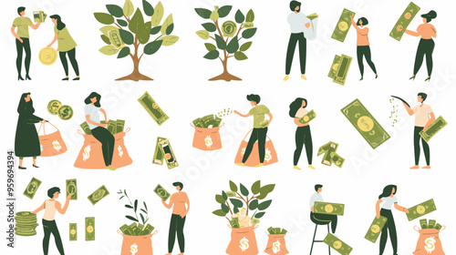 Tiny people with money. Budget elements, different poses persons, woman waters money tree, man rolls large coin, holding bill, millionaire on full bags, businessman with cash, vector set
