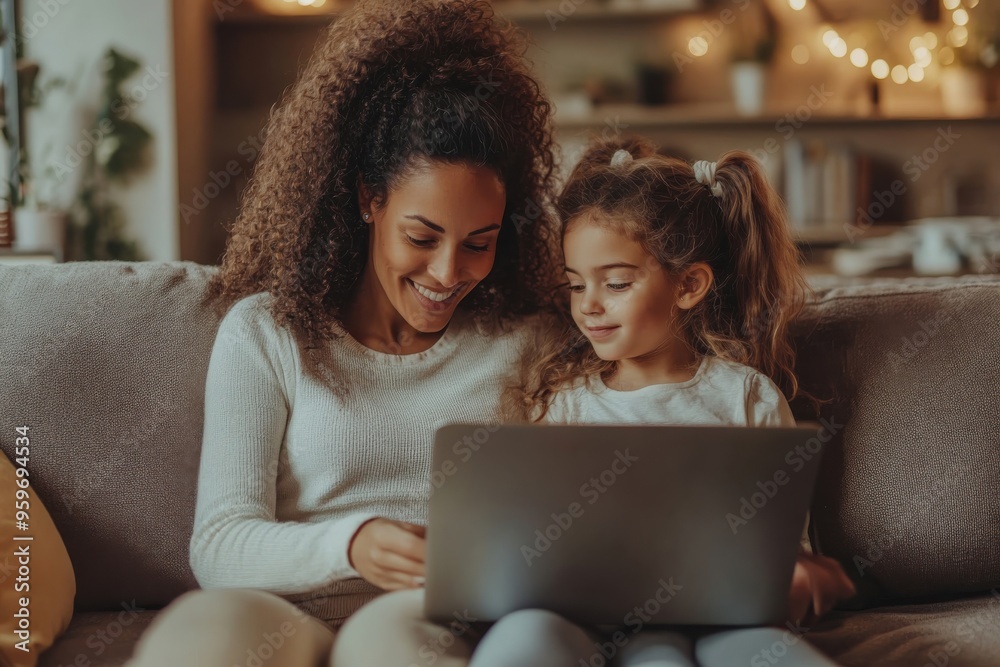 Mother and daughter sharing a joyful moment together while using a laptop on a cozy sofa in their warmly lit living room Mother and daughter sharing a joyful moment together while using a laptop on a cozy sofa in their warmly lit living room