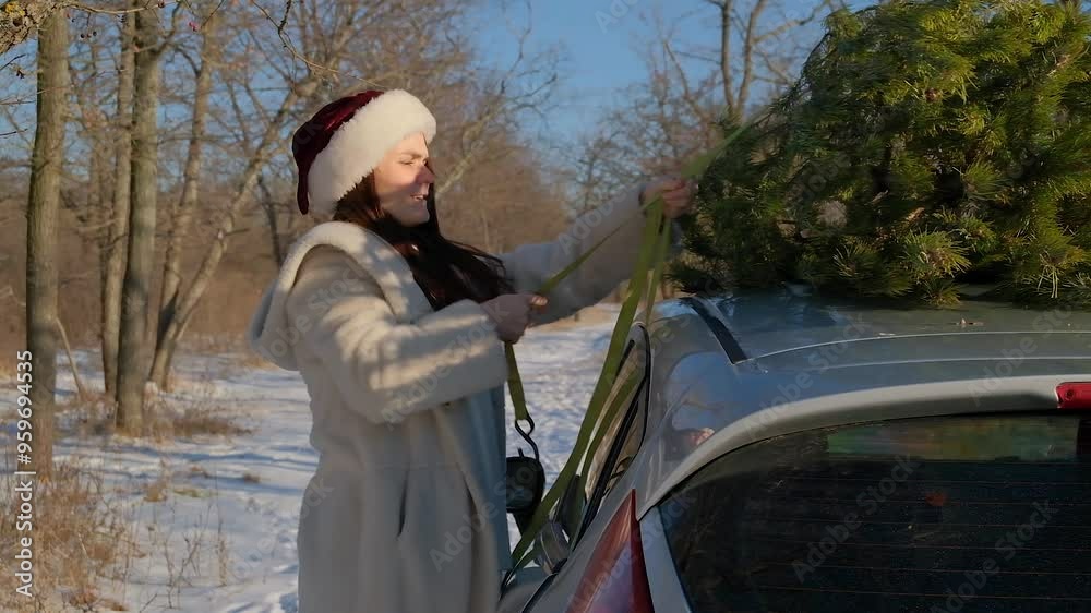 A Young Woman Ties A Christmas Tree To The Roof Of Her Car A Young Woman Ties A Christmas Tree To The Roof Of Her Car