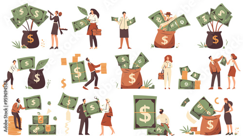 Tiny people with money. Budget elements, different poses persons, woman waters money tree, man rolls large coin, holding bill, millionaire on full bags, businessman with cash, vector set
