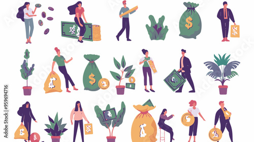 Tiny people with money. Budget elements, different poses persons, woman waters money tree, man rolls large coin, holding bill, millionaire on full bags, businessman with cash, vector set
