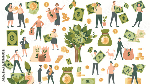Tiny people with money. Budget elements, different poses persons, woman waters money tree, man rolls large coin, holding bill, millionaire on full bags, businessman with cash, vector set
