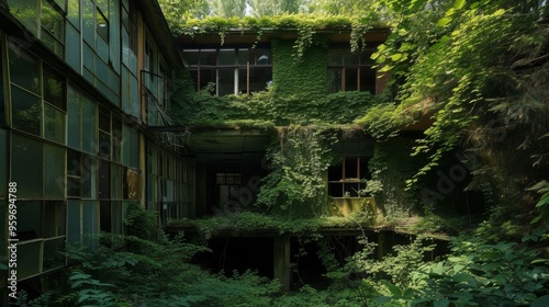 An abandoned building reclaimed by nature, with ivy and plants covering its structure. The scene exudes a sense of mystery and the power of nature's resilience, creating a visually captivating