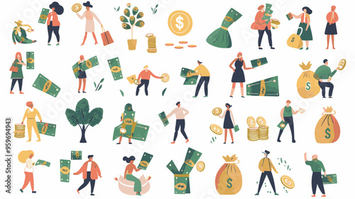 Tiny people with money. Budget elements, different poses persons, woman waters money tree, man rolls large coin, holding bill, millionaire on full bags, businessman with cash, vector set
