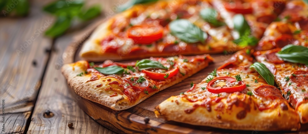 Tasty fresh pizza presented on a wooden table. with copy space image. Place for adding text or design Tasty fresh pizza presented on a wooden table. with copy space image. Place for adding text or design