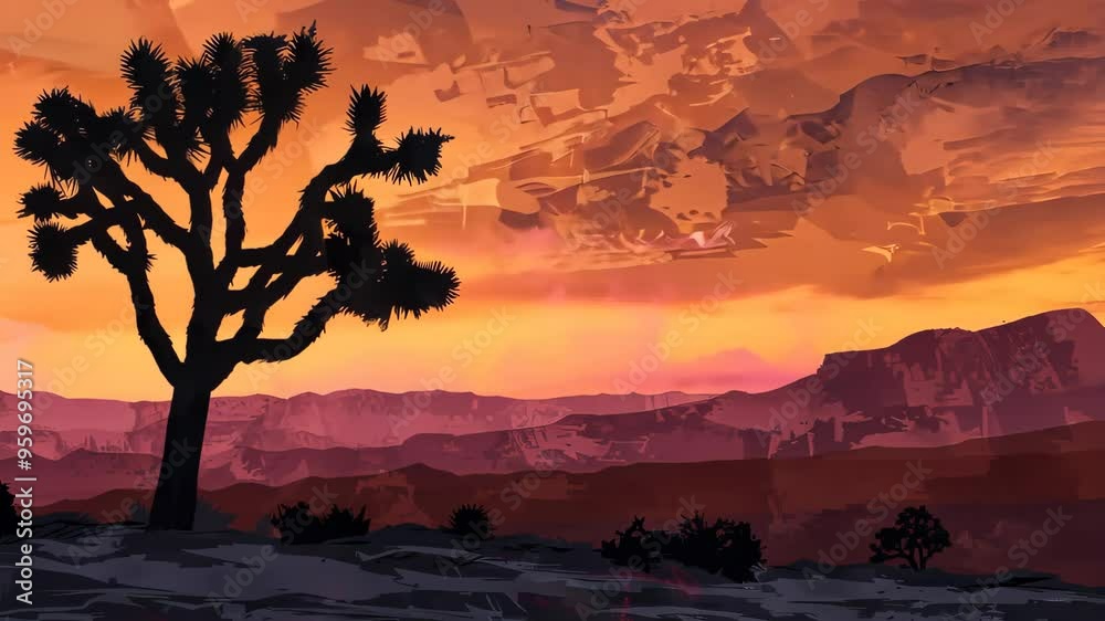 silhouette of joshua tree at sunset, desert landscape illustration. nature and tranquility concept