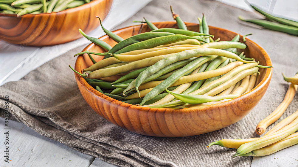 A wooden bowl is filled with vibrant green and yellow beans, arranged neatly on a soft linen cloth, showcasing their freshness and natural colors A wooden bowl is filled with vibrant green and yellow beans, arranged neatly on a soft linen cloth, showcasing their freshness and natural colors