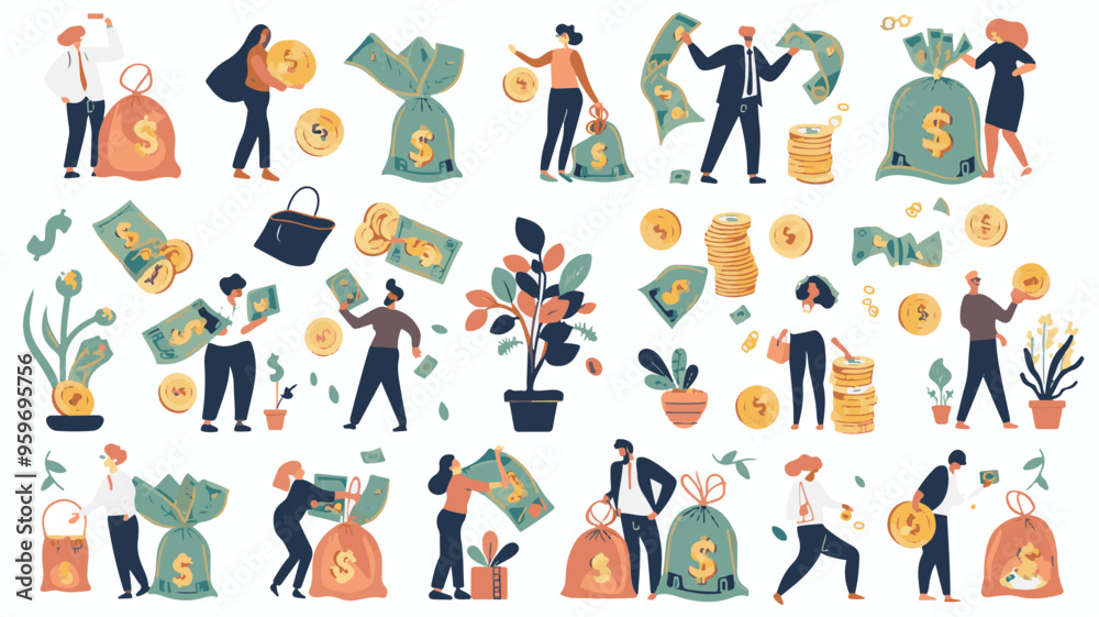 Tiny people with money. Budget elements, different poses persons, woman waters money tree, man rolls large coin, holding bill, millionaire on full bags, businessman with cash, vector set
