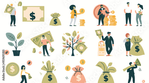 Tiny people with money. Budget elements, different poses persons, woman waters money tree, man rolls large coin, holding bill, millionaire on full bags, businessman with cash, vector set
