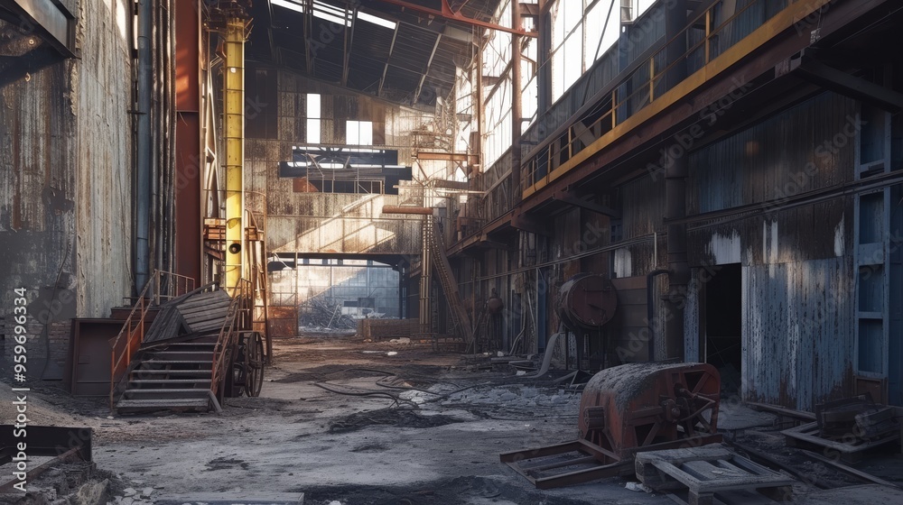 A rustic, dilapidated factory interior showcases a mix of metal structures and worn machinery under soft natural light. This evocative scene is ideal for projects focusing on industrial decay, history A rustic, dilapidated factory interior showcases a mix of metal structures and worn machinery under soft natural light. This evocative scene is ideal for projects focusing on industrial decay, history