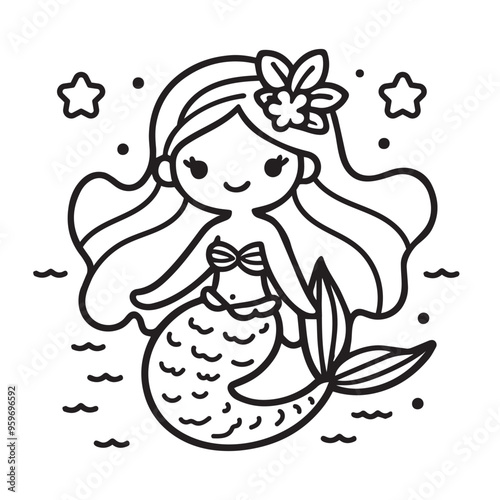 Cute mermaid hand drawn coloring page vector illustration