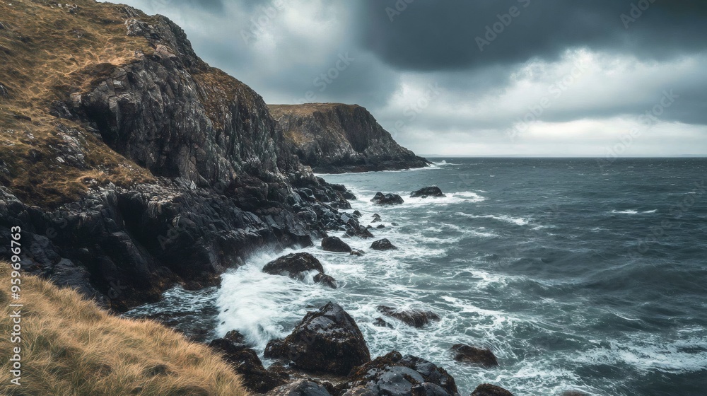 Fototapeta premium Rocky coastline with crashing waves under a stormy sky.