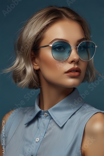 Caucasian beautiful silver girl posing in eyeglasses on camera