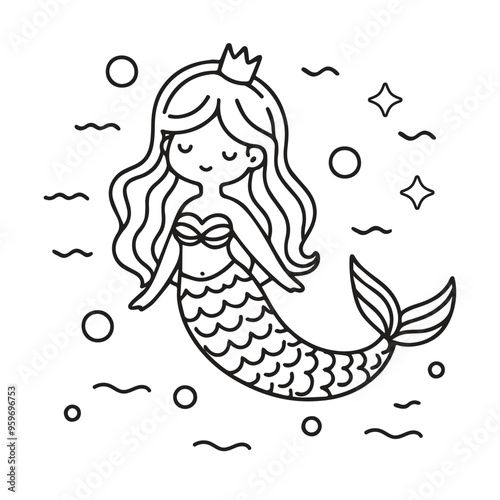 Cute mermaid hand drawn coloring page vector illustration