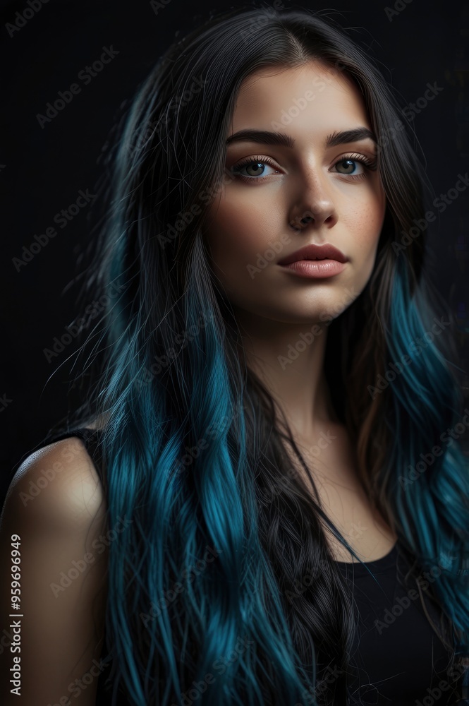 Sryle and fashion concept - Close up portrait of woman with blue long hair over black background Sryle and fashion concept - Close up portrait of woman with blue long hair over black background