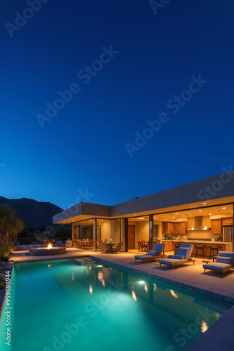 outdoor living space - modern mansion in the desert at night with swimming pool 