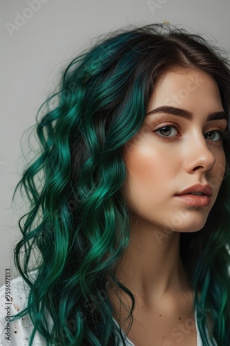 Wallpaper Mural Hairstyle, youth, hair coloring, fashion and style concept - young beautiful woman with green hair Torontodigital.ca