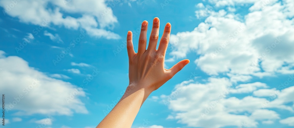Female hand lifted in the air displaying five fingers making a gesture The sky with clouds serves as the background Copyspace Concept of waving and gesturing
