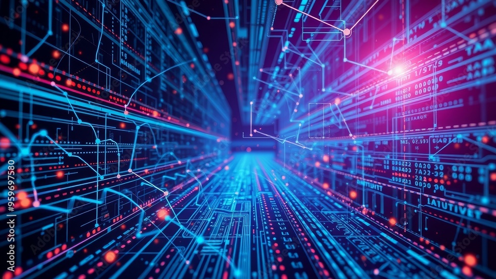 Abstract digital data flow in blue and red. Abstract digital data flow in blue and red.