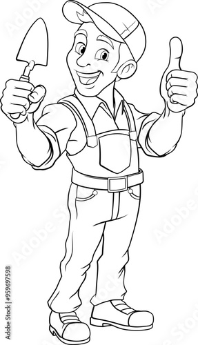 A bricklayer handyman cartoon construction mascot character man holding a trowel tool