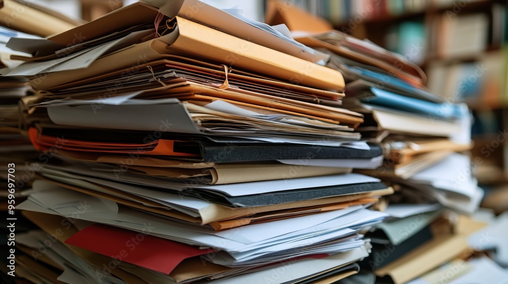 Obraz premium Cluttered stack of documents in an office setting.