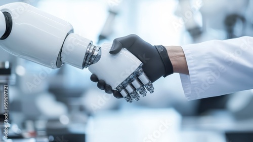 Human and Robot Handshake Symbolizing Collaboration and Future Technology in a Modern Laboratory Setting