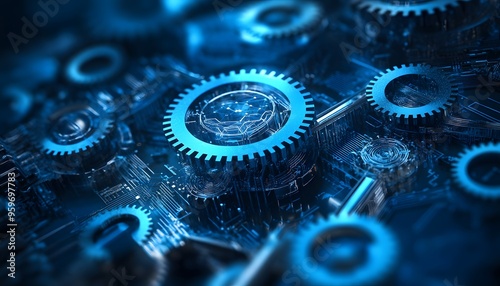 Interlocking Gears in a Blue Technological Setting