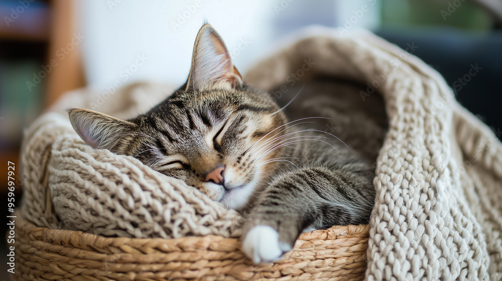 Sleeping Cat Curled Up in a Basket Sleeping Cat Curled Up in a Basket