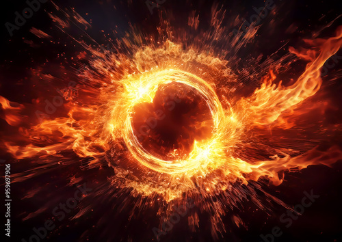 Burning fire circle and black background. fiery explosion background.