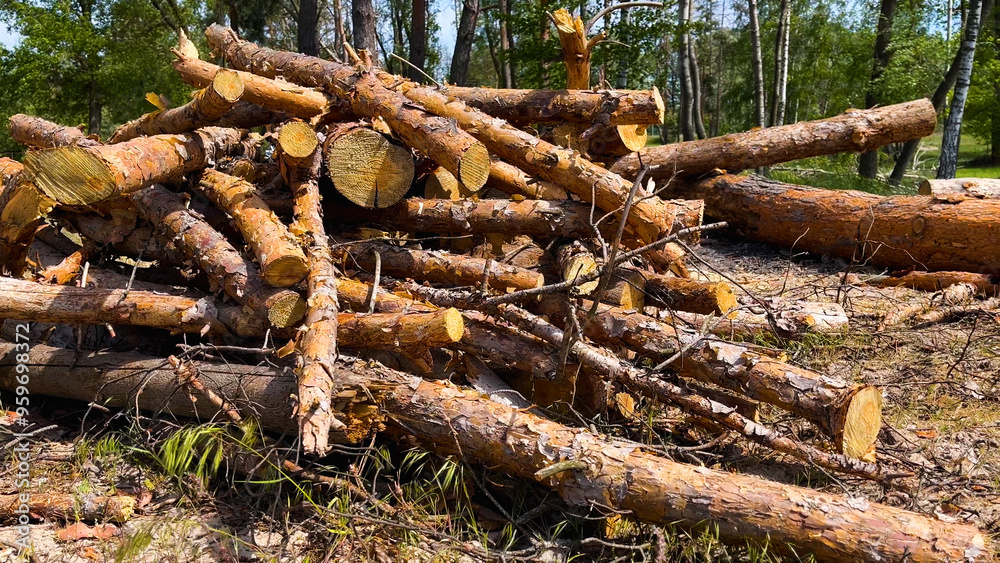 Logs of sawn pine lie on the grass in the forest. Sanitary deforestation. Poaching of forests. Harvesting firewood for the winter. Logs of sawn pine lie on the grass in the forest. Sanitary deforestation. Poaching of forests. Harvesting firewood for the winter.