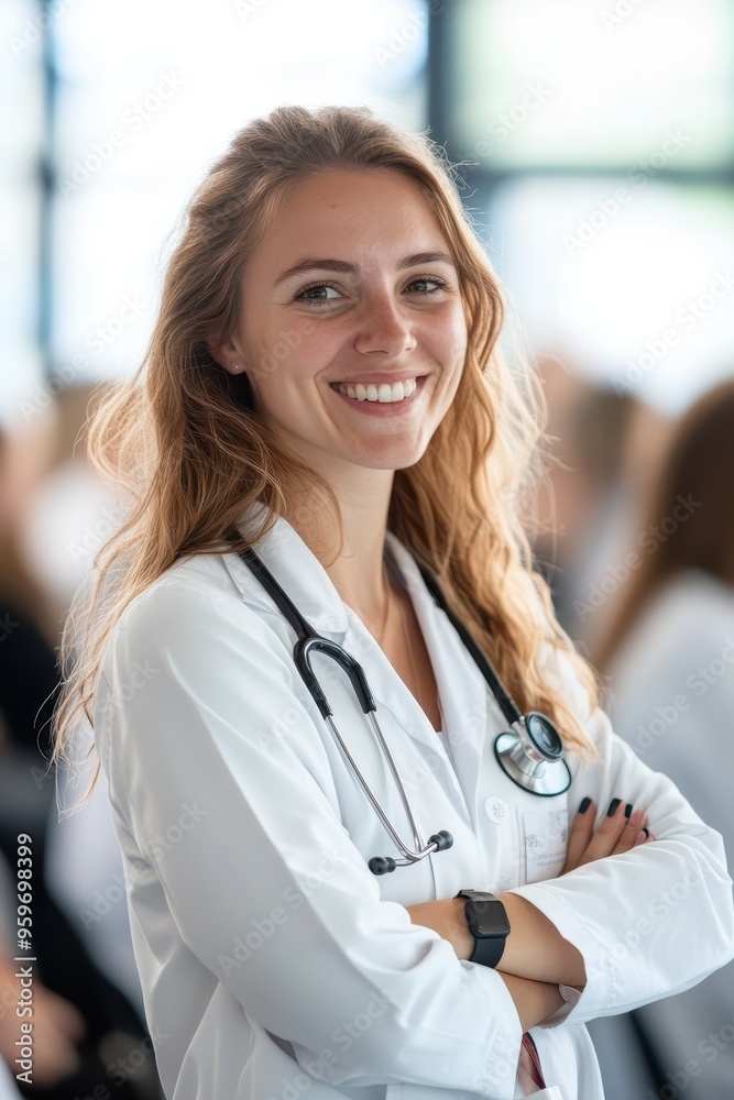 Confident Female Doctor in White Coat with Stethoscope Smiling in Hospital Setting Confident Female Doctor in White Coat with Stethoscope Smiling in Hospital Setting