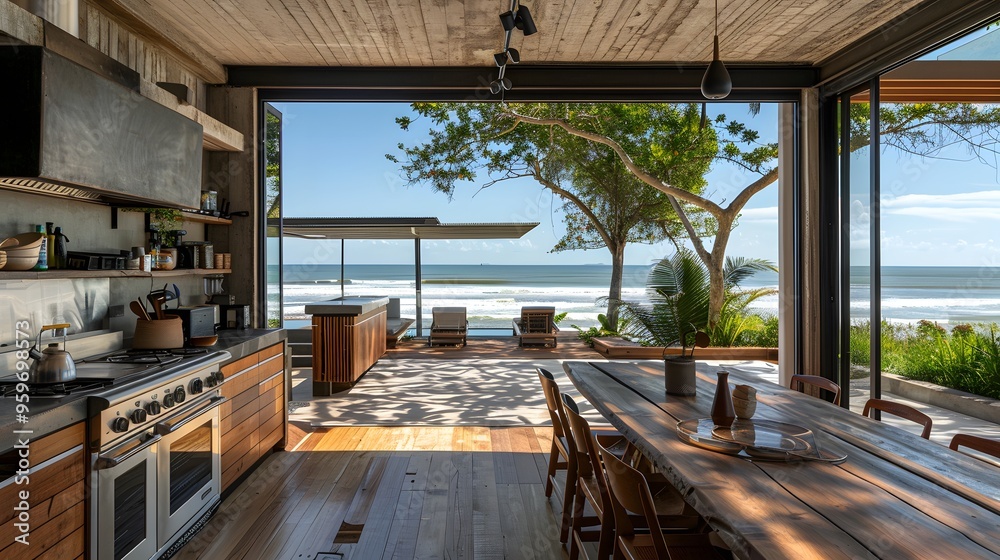 Fototapeta premium A modern, open-concept kitchen with a stunning ocean view, featuring wooden furnishings and abundant natural light.