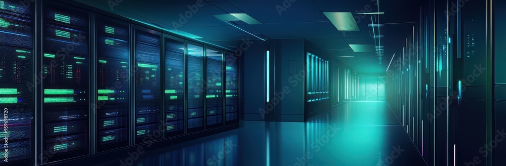 Glowing blue and green data center background vector presentation design illustration with a modern server room interior featuring glass windows and a dark background Glowing blue and green data center background vector presentation design illustration with a modern server room interior featuring glass windows and a dark background