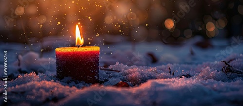 Close up of burning candles outdoors in winter. with copy space image. Place for adding text or design photo