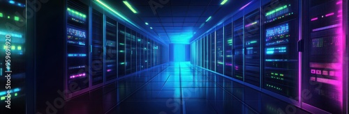 Hi-tech server room with glowing blue and green lights on dark background. Vector illustration.