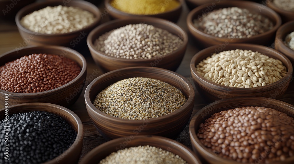 Assorted Grains and Seeds in Wooden Bowls on Rustic Wooden Table - Healthy and Organic Food Ingredients Assorted Grains and Seeds in Wooden Bowls on Rustic Wooden Table - Healthy and Organic Food Ingredients