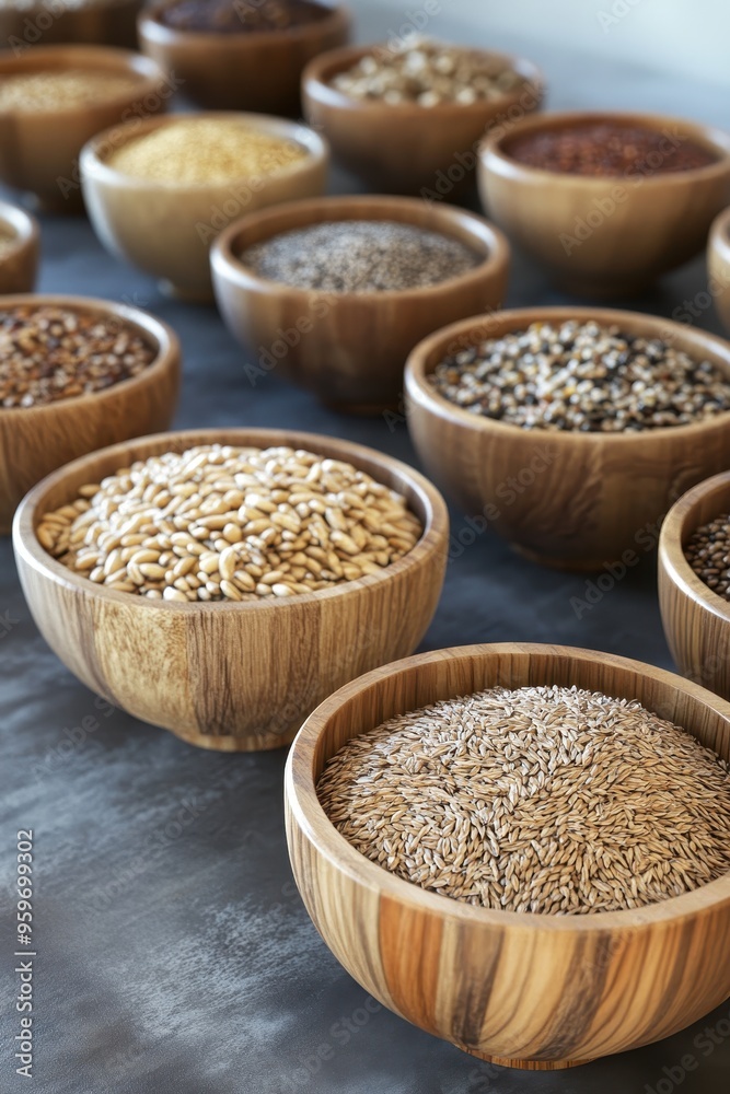 Assorted Grains in Wooden Bowls on a Gray Surface - Healthy and Natural Food Ingredients Assorted Grains in Wooden Bowls on a Gray Surface - Healthy and Natural Food Ingredients