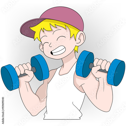 young man with happy life doing weight training using dumbbells everyday