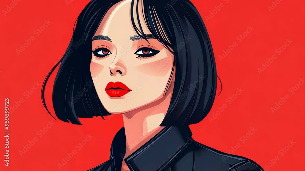 Trendy minimalistic girl with a bob cut, red lips, and black jacket, set against a vibrant red backdrop.