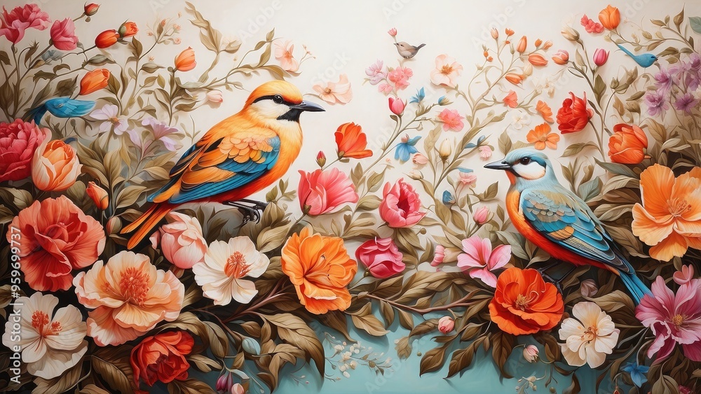 Nature-themed painting with a decorative border of birds and flowers, blending seamlessly into a beautiful and harmonious pattern Nature-themed painting with a decorative border of birds and flowers, blending seamlessly into a beautiful and harmonious pattern