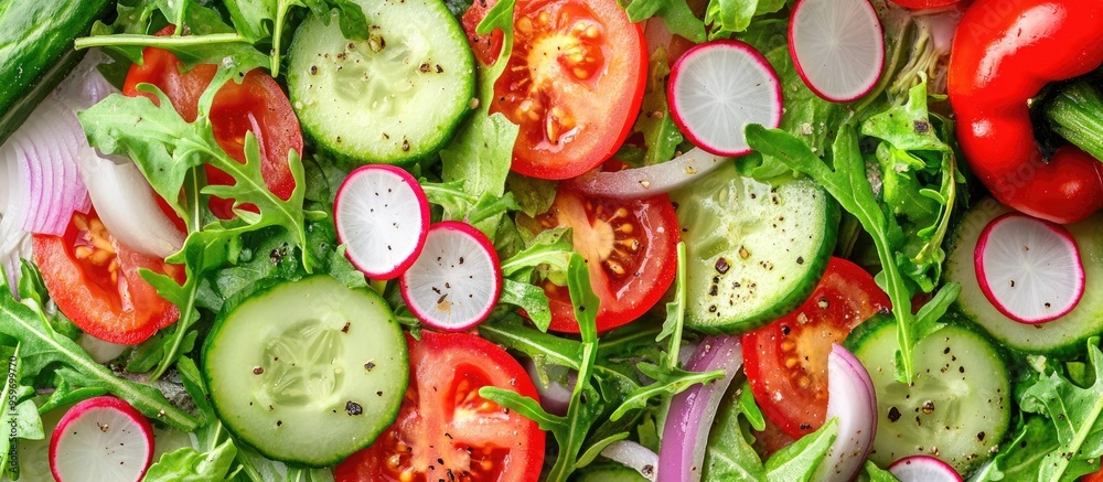Vegetable salad tomato cucumber radish pepper arugula onion etc Top view food background copyspace Vegetable salad tomato cucumber radish pepper arugula onion etc Top view food background copyspace