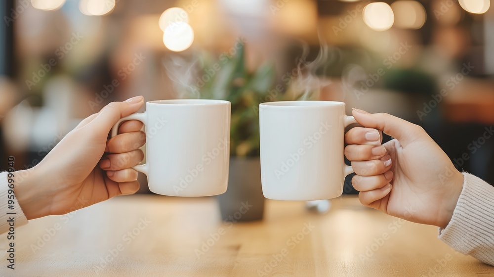 Warm coffee mugs held by two people at a cozy café, capturing a moment of connection and conversation in the afternoon