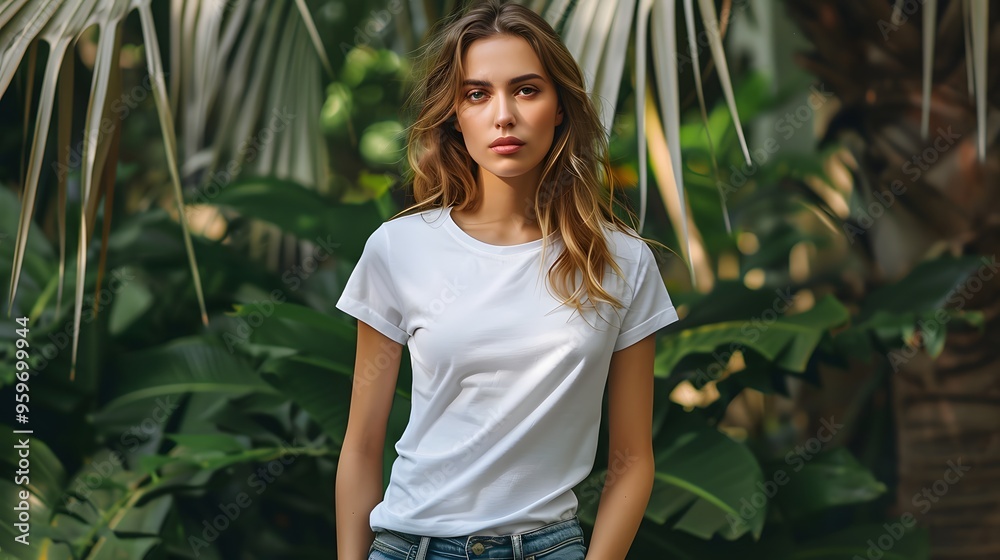 A young woman in a white t-shirt poses confidently amidst lush green foliage, evoking a sense of tranquility and natural beauty. A young woman in a white t-shirt poses confidently amidst lush green foliage, evoking a sense of tranquility and natural beauty.