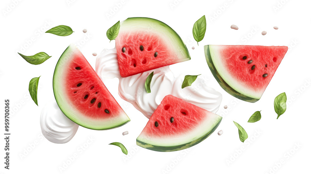 Watermelon Slices with Whipped Cream and Green Leaves Watermelon Slices with Whipped Cream and Green Leaves