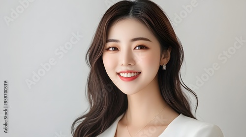 A young asian woman with long, wavy hair smiles gently, wearing elegant earrings and a white top against a soft background. 