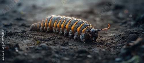 A death s head hawkmoth caterpillar moving along the ground Horizontal. with copy space image. Place for adding text or design photo