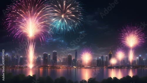 fireworks over the bright city