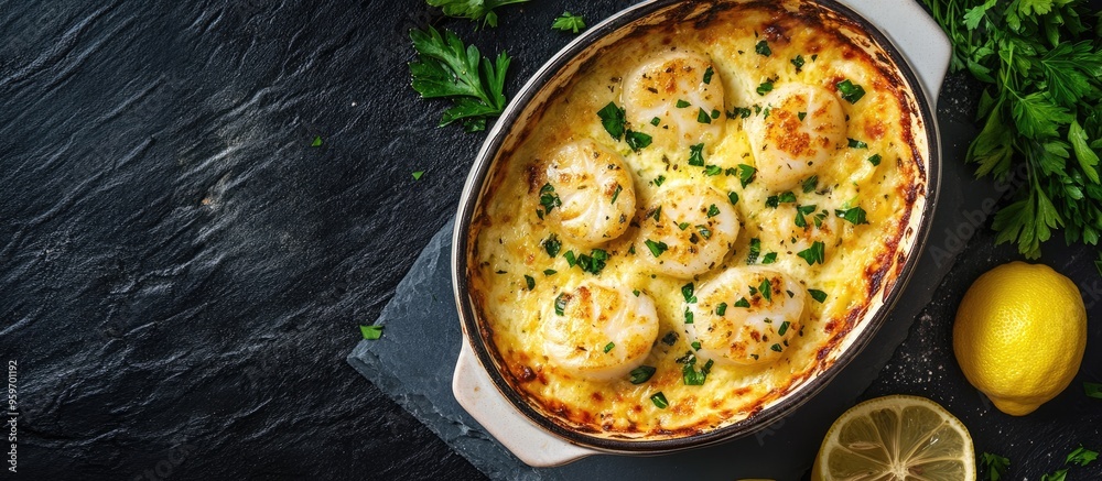 Scallops au gratin baked in the oven with parsley and lemon. with copy space image. Place for adding text or design Scallops au gratin baked in the oven with parsley and lemon. with copy space image. Place for adding text or design