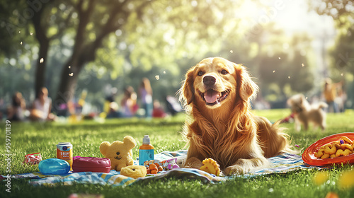 Joyful Dog's Day OutA Playful Pup in a Colorful Park Surrounded by Pet Products and Happy Families photo