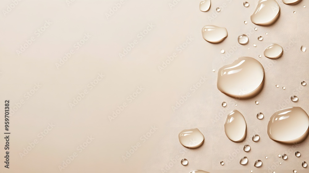 A close-up of clear water droplets on a smooth beige surface, creating a refreshing and tranquil aesthetic. A close-up of clear water droplets on a smooth beige surface, creating a refreshing and tranquil aesthetic.